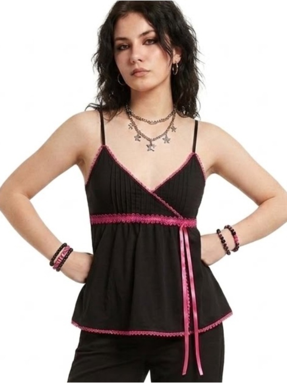 Steve Vintage Y2K Black Babydoll Camisole Tank Top Cami Pink Lace Trim Coquette